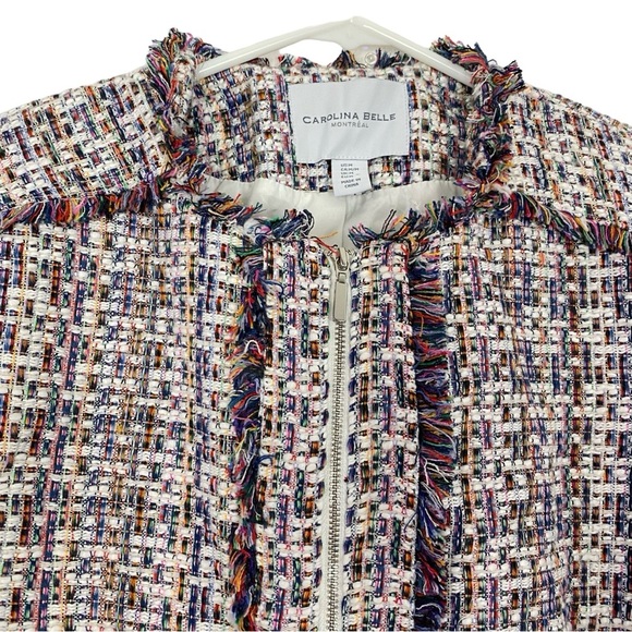 Carolina Belle Tweed Jacket Women Size Medium Cropped Blazer Multi Zip Up Fringe - Picture 3 of 10